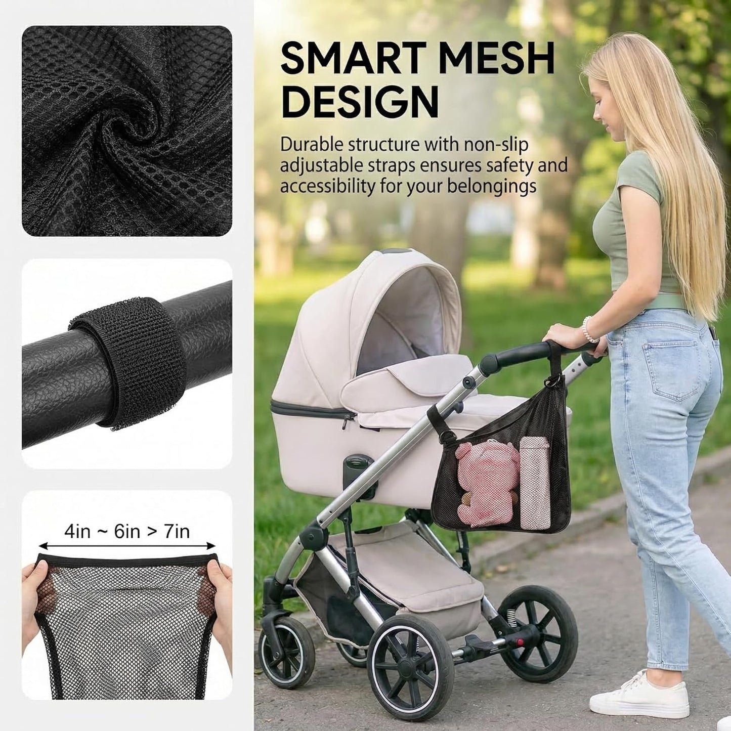 Stroller Side Bag - Bike/Stroller Organizer, Hook & Loop Easy Attach - Mesh Design, Non-Slip Straps, mom Cozy Stroller Organizer, Stroller Accessories, Black (BLACK 2PCS)