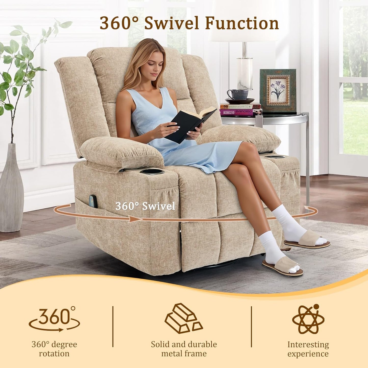 Korser 360° Swivel Rocker Recliner for Adults, Nursery Glider Recliner with Massage and Heating, Rocking Chair with Cup Holder, Manual Recliner Chair for Living Room, Bedroom (Fabric, Beige)
