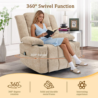 Korser 360° Swivel Rocker Recliner for Adults, Nursery Glider Recliner with Massage and Heating, Rocking Chair with Cup Holder, Manual Recliner Chair for Living Room, Bedroom (Fabric, Beige)