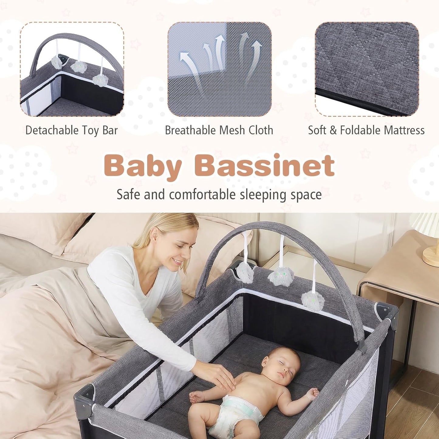 BABY JOY 3 in 1 Pack and Play, Travel Baby Crib Bassinet Bed with Bassinet, Changing Table with Safety Belt, Toy Bar, Lockable Wheels, Portable Baby Playard from Newborn to Toddler
