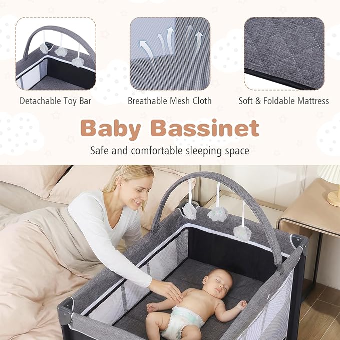 BABY JOY 3 in 1 Pack and Play, Travel Crib Bassinet Bed for Baby, Changing Table w/Safety Belt, Toy Bar, Lockable Wheels, Portable Baby Playard from Newborn to Toddler