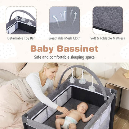 BABY JOY 3 in 1 Pack and Play, Travel Crib Bassinet Bed for Baby, Changing Table w/Safety Belt, Toy Bar, Lockable Wheels, Portable Baby Playard from Newborn to Toddler
