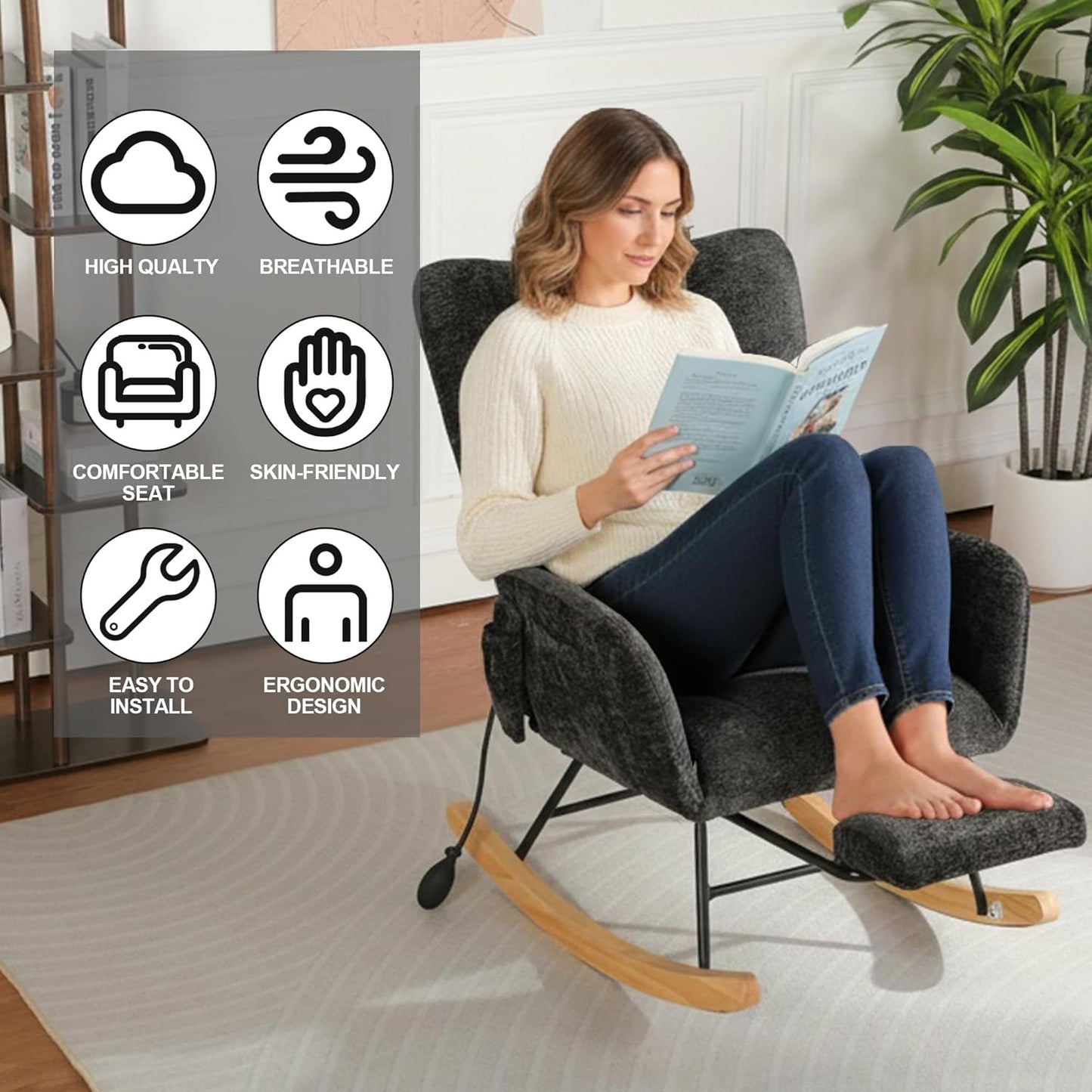 Rocking Chair Nursery with Airbag, Comfy Modern Nursery Rocking Reading Chair indoor with Footrest, Cozy Upholstered Glider Rocker Chairs for Living Room Bedroom Offices(Chenille, Dark Grey)