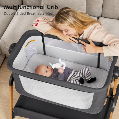 TotRun Bassinet Bedside Sleeper, Rocking Bassinets with Comfy Mattress and Wheels for Newborn, 5-Height Adjustable (Black)