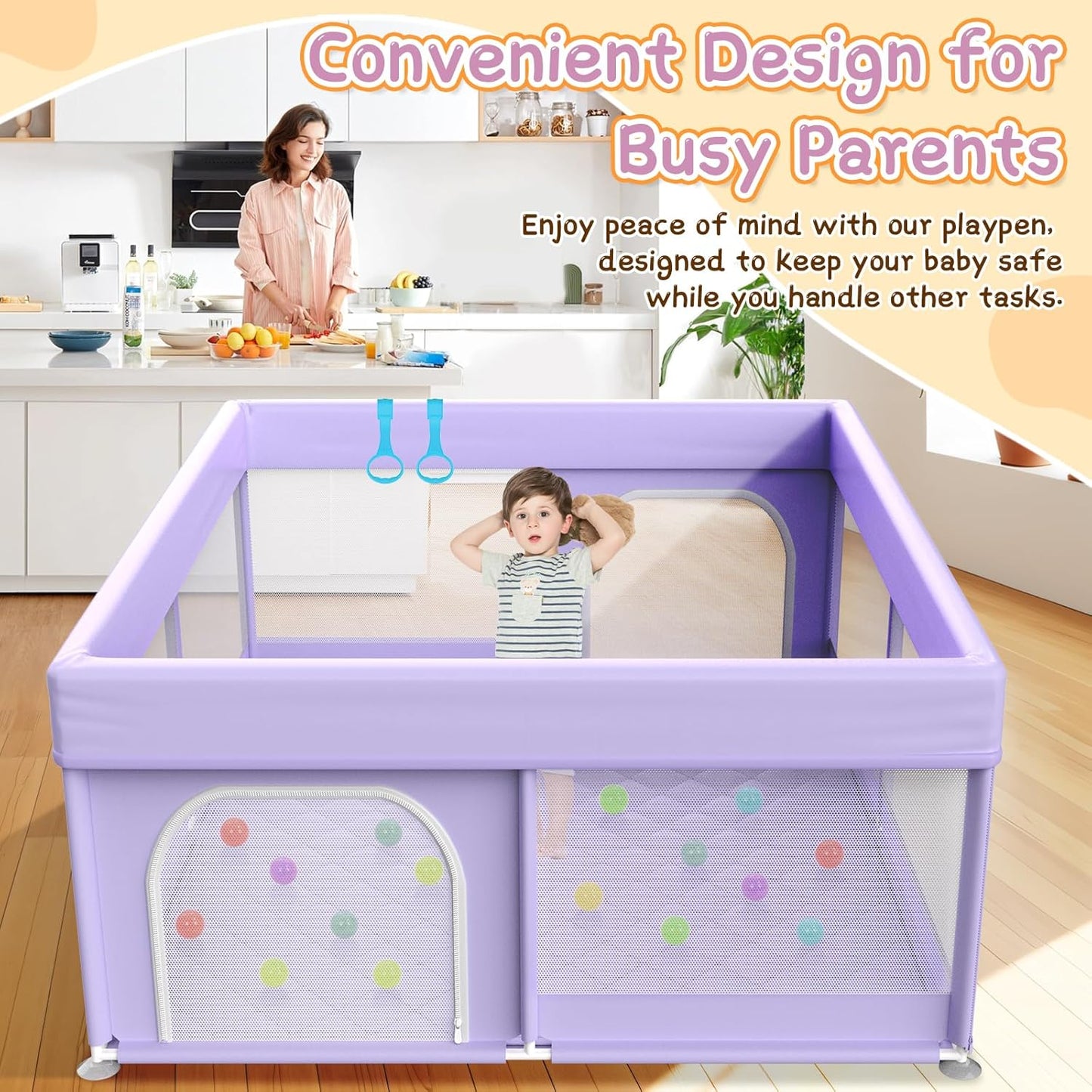 Baby Playpen with Mat - 79"x71" Extra Large Play Pens for Babies and Toddlers Indoor Safety Baby Fence with Soft Breathable Mesh - All-Wrapped Sponge Sturdy Play Yard with Handle & Bag Purple