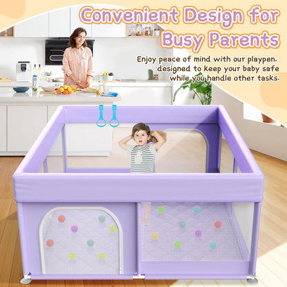 Baby Playpen with Mat - 79"x71" Extra Large Play Pens for Babies and Toddlers Indoor Safety Baby Fence with Soft Breathable Mesh - All-Wrapped Sponge Sturdy Play Yard with Handle & Bag Purple