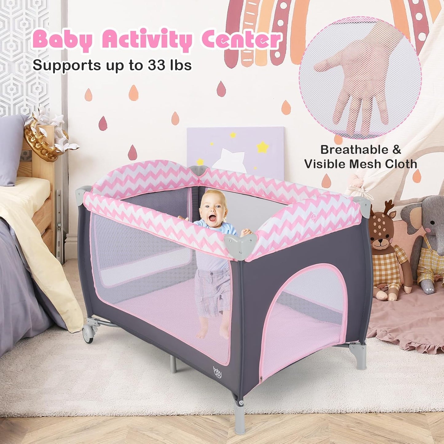 BABY JOY 4 in 1 Pack and Play, Portable Baby Playard with Bassinet, Side Zipper Door, Changing Table, Indoor Outdoor Travel Nursery Center w/Hanging Bar, Lockable Wheels, Carry Bag