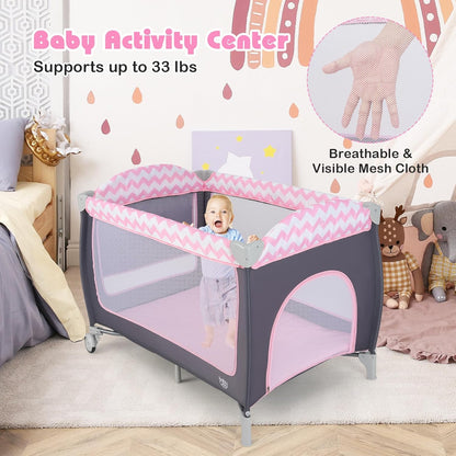 BABY JOY 4 in 1 Pack and Play, Portable Baby Playard with Bassinet, Side Zipper Door, Changing Table, Indoor Outdoor Travel Nursery Center w/Hanging Bar, Lockable Wheels, Carry Bag