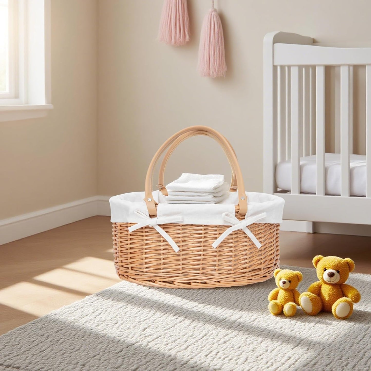 Handwoven Wicker Diaper Caddy Organizer, Multi - functional Baby Diaper Bag for Nursery & Home Storage, Detachable Lining, PU Handles, Baby Registry Must Haves (Wicker)