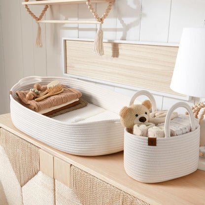 J&JOO Baby Changing Basket includes Diaper Caddy - Soft & Waterproof Dual-Cover, Portable, Changing Pad for Dresser & Changing Table, Gift for Baby Shower, Organic Cotton Rope