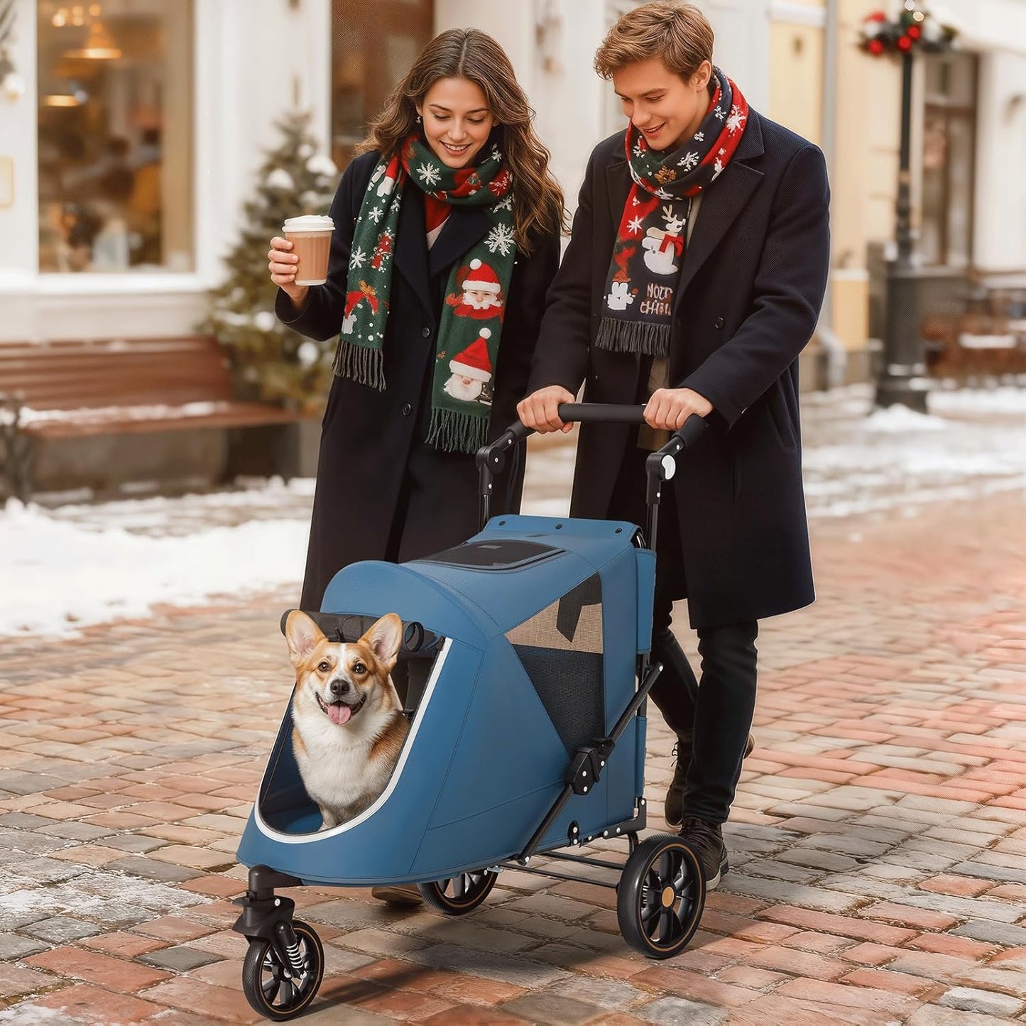 Magshion Compact Pet Stroller for Small-Medium Dogs/Cats up to 22lbs, 4-Wheel Lightweight Umbrella Shaped Portable Puppy Travel Jogger with Breathable Mesh, Cup Holder & Rear Storage, Black