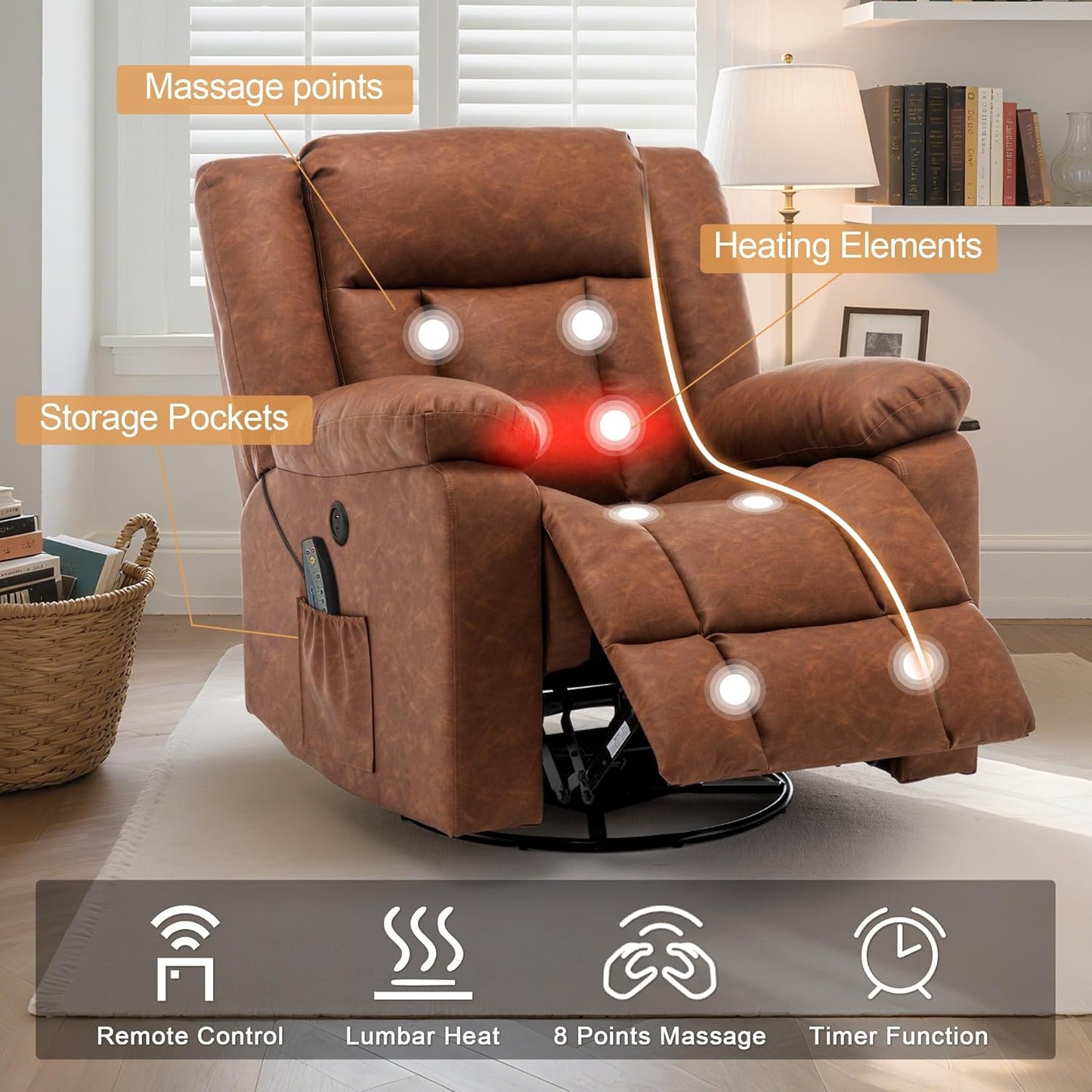 Korser Rocker Recliner, Glider Recliner Chairs for Adults, 360° Swivel Rocking Chair with Massage and Heating, Nursery Chair with Storage and USB Charging for Living Room, Bedroom, Nursery