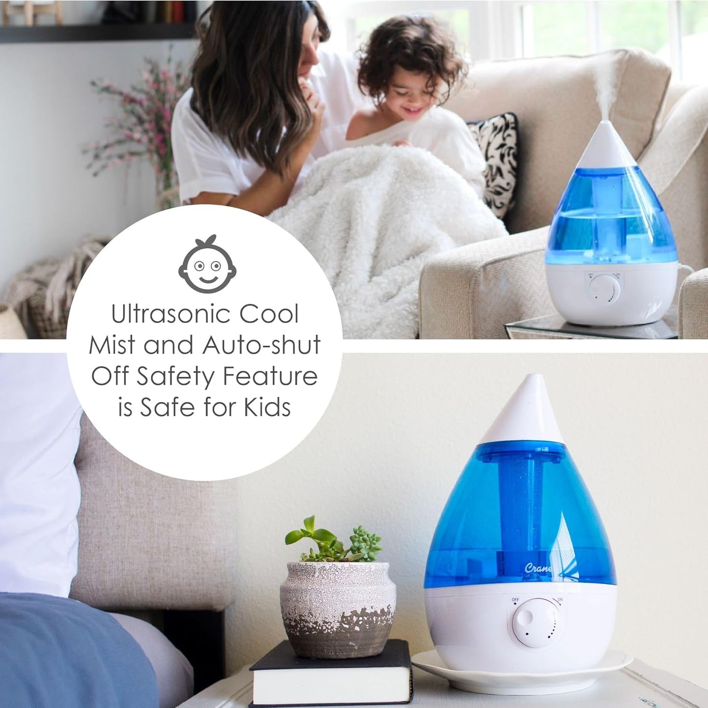 Crane Ultrasonic Cool Mist Humidifier for Bedroom, Baby Nursery, Kids Room, Plants, or Office, Large 1 Gallon Tank, Filter Optional, Clear and White