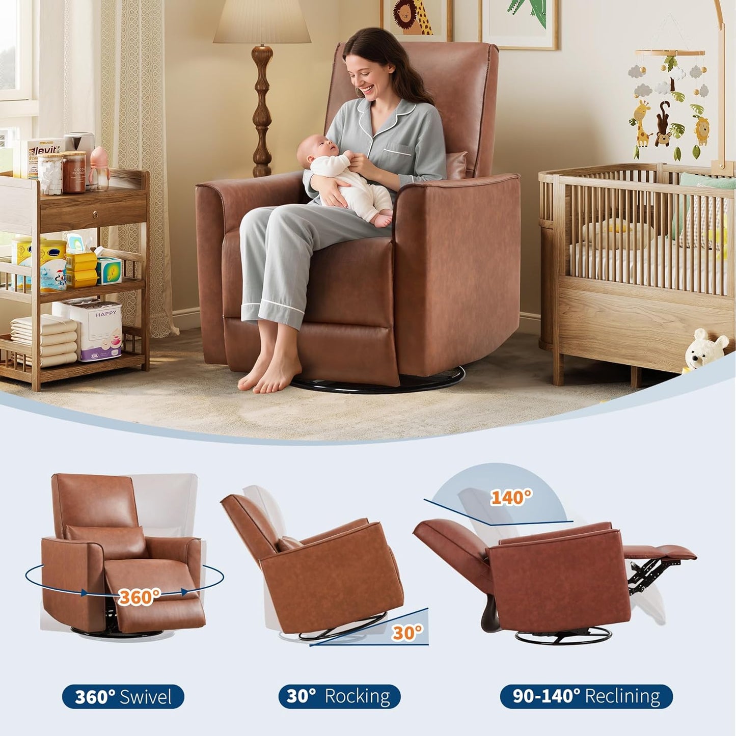 Garvee 360° Swivel Rocking Recliner Glider Chair – High-Back PU Leather Deep Seat Manual Recliner for Nursery, Living Room, Bedroom & Home Theater
