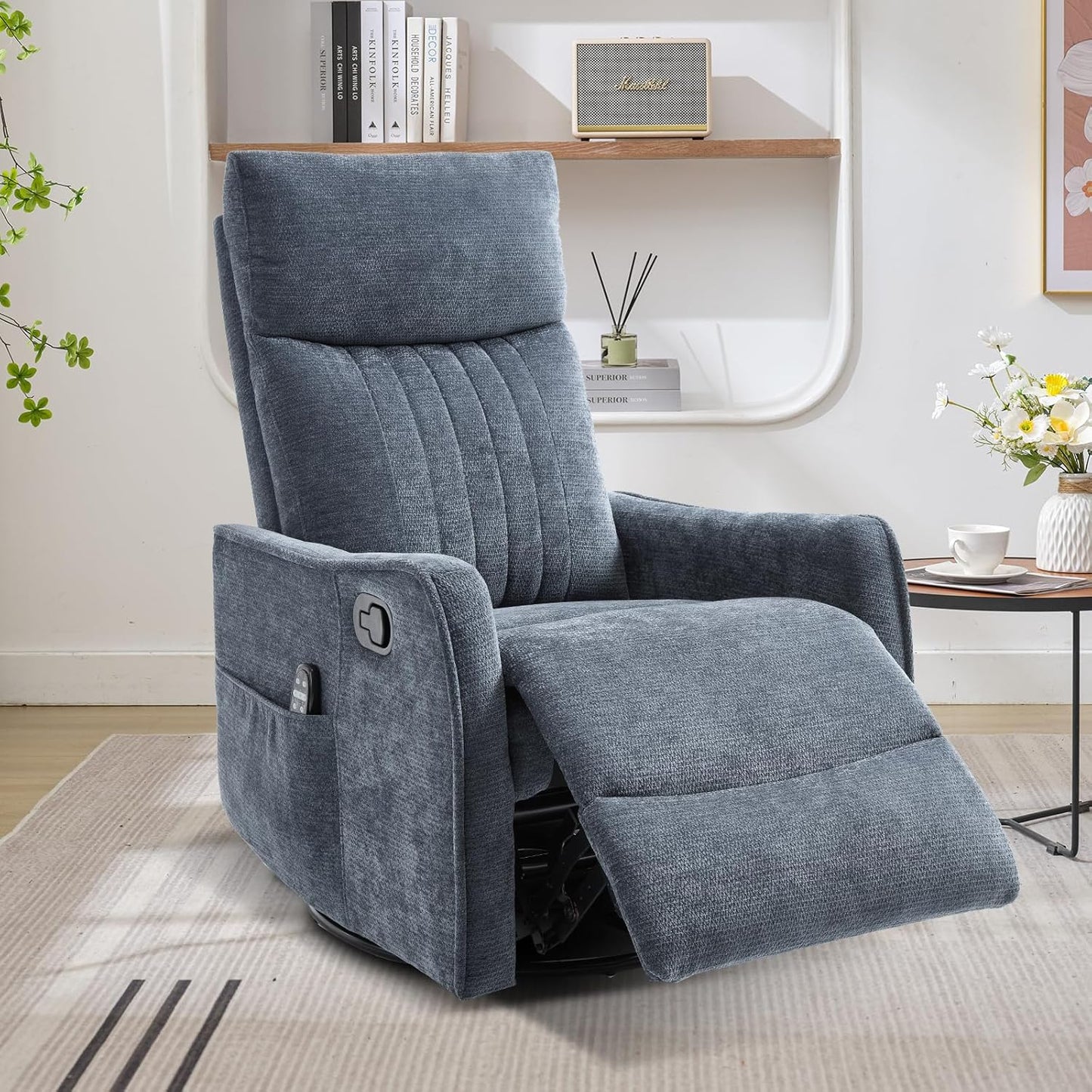 Trustyue Swivel Rocker Recliner Chair, 360° Swivel Recliner with Heat and Massage, Rocker Recliner Nursery Glider Chair with Side Pockets for Living Room (Beige, Fabric)