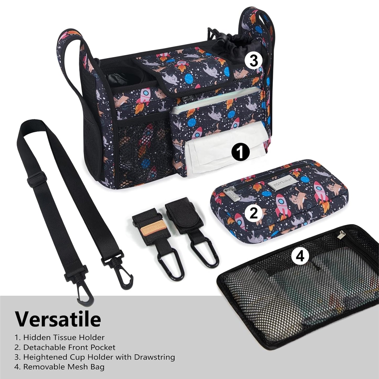 TOPDesign Universal Baby Stroller Organizer, Stroller Caddy with Detachable Mesh Bag & Heightened Insulated Cup Holders & Non-Slip Secure Hooks Accessories, Fits Most Strollers (Checkerboard) - Colors B