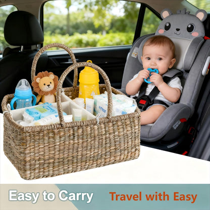 Premium Wicker Baby Diaper Caddy Organizer, Woven Seagrass Basket with Handles, Diaper Basket with Dividers (Seagrass)