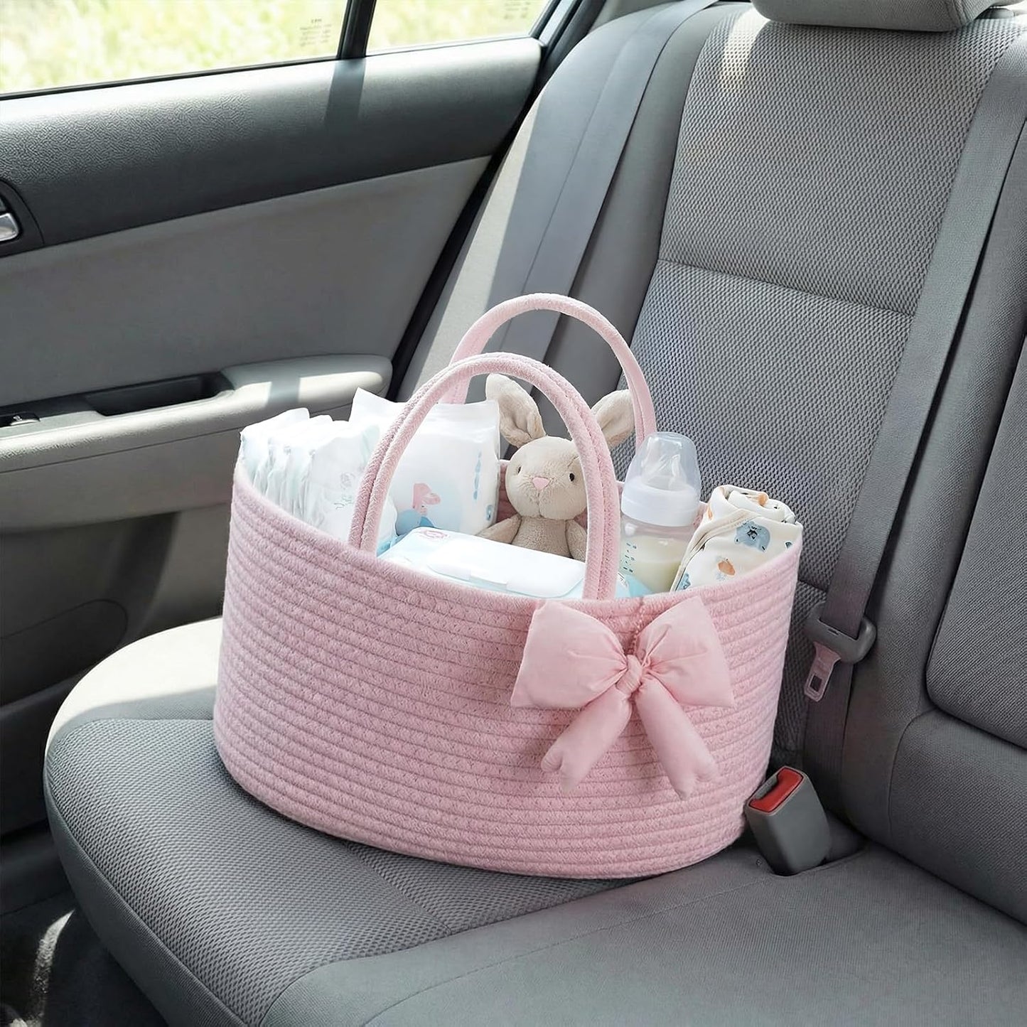 Hushee Pink Bow Baby Diaper Caddy Organizer Baby Gift Bag with Handle Nursery Diaper Basket Organizer for Newborn Boy and Girl Storage Bin for Diapers Wipes New Mom Gift