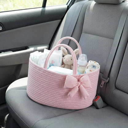 Hushee Pink Bow Baby Diaper Caddy Organizer Baby Gift Bag with Handle Nursery Diaper Basket Organizer for Newborn Boy and Girl Storage Bin for Diapers Wipes New Mom Gift