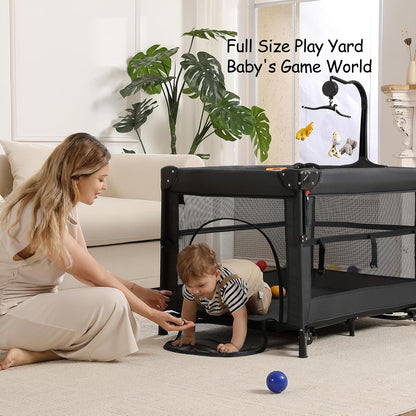 4 in 1 Pack and Play, Portable Travel Baby Bassinet, Foldable Travel Playard Playpen for Toddler, Bedside Crib Sleeper, Diaper Changer Table, Baby Playard for Newborn (Black)