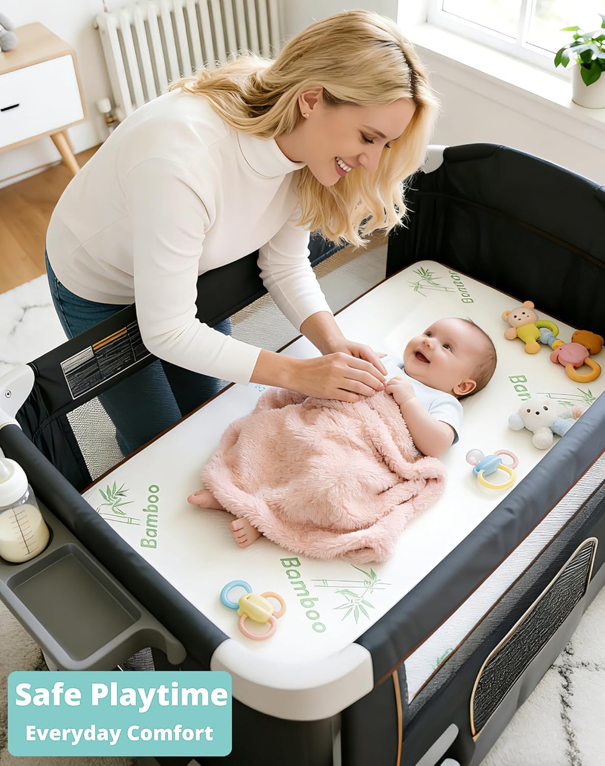 Pack and Play Mattress 38"x26" Playard Baby Pad for Pack n Play, No Gap Safer 3D Piped Edge, 1.5" Thick Medium Firm, Breathable Waterproof Washable Cover, White