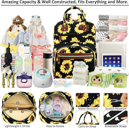 Tenot Diaper Bag Backpack Tote for Women Large Capacity, Baby Bag with Insulated Pockets Multifunctional Diaper Bags For Baby Girl Boy Waterproof Baby Bags For Boys Girls Mama Maternity Bag Sunflower