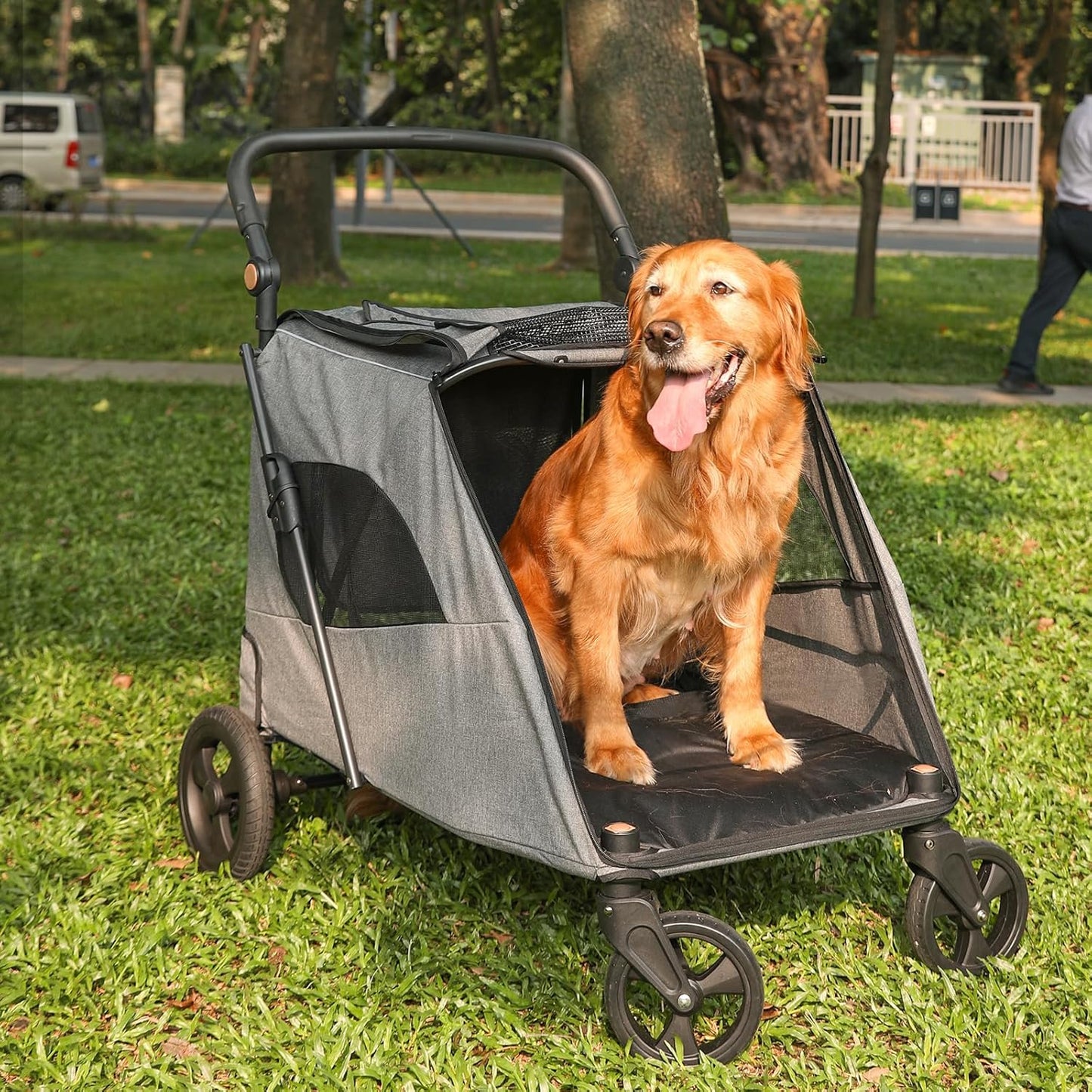 Large Dog Travel Stroller with 4 Heavy Duty Wheels Pet Stroller with Adjustable Handle - Double Doggie Capacity Jogger Wagon with Back Front Door for Small Medium Large Dogs (Dark Light Gray)