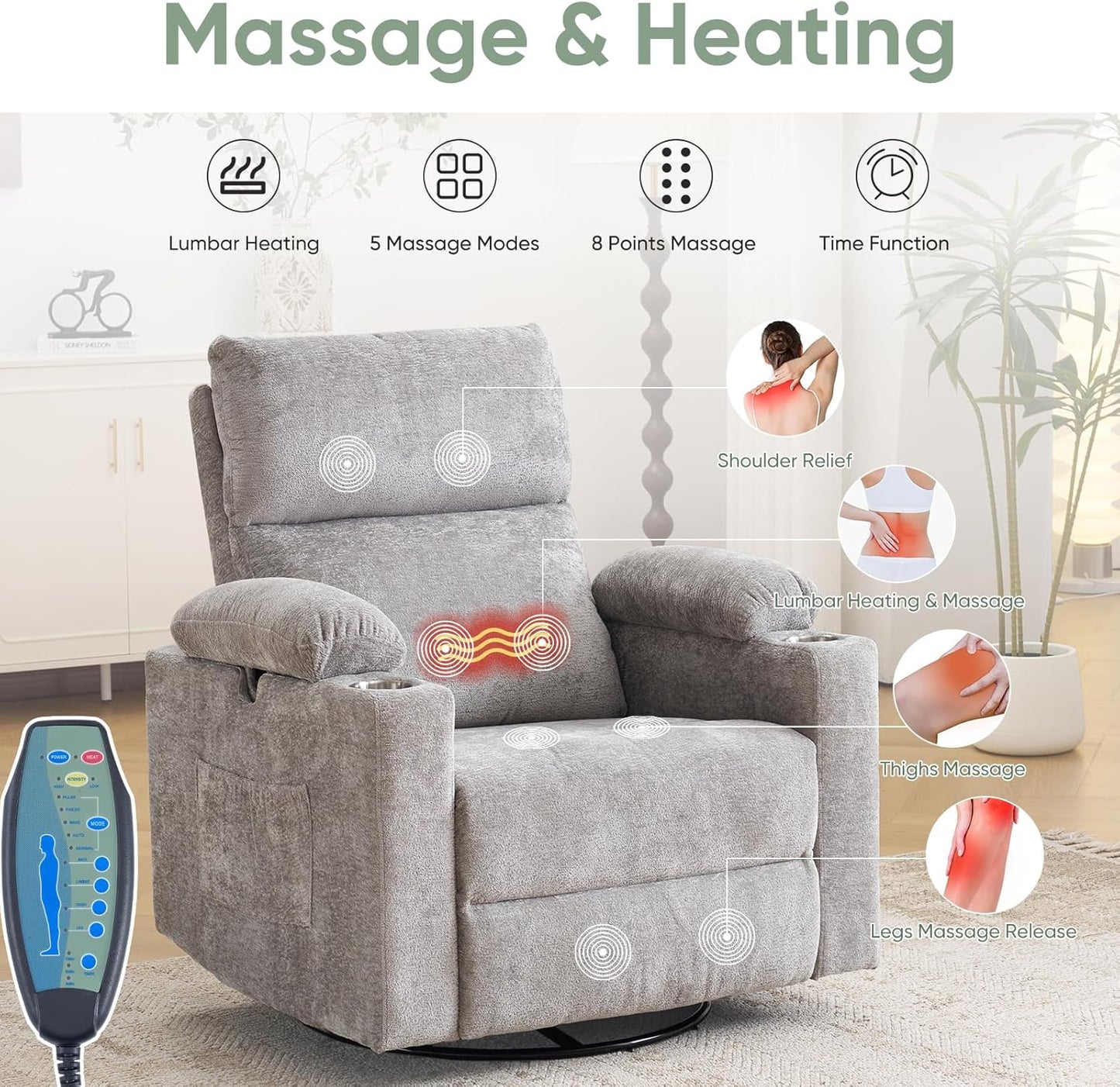 Rocking Chair Nursery with Adjustable Armrest for Breastfeeding, Glider Recliner Nursery Chair with Massage and Heat, Power Swivel Rocker Recliner with Adjustable Headrest, Corduroy, Beige