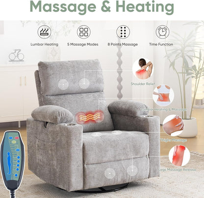 Rocking Chair Nursery with Adjustable Armrest for Breastfeeding, Glider Recliner Nursery Chair with Massage and Heat, Power Swivel Rocker Recliner with Adjustable Headrest, Corduroy, Beige