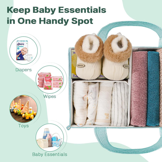 Baby Diaper Caddy Organizer - Portable Nursery Storage Basket for Newborn Essentials, Foldable Diaper Bag Organizer for Baby Shower Gifts and Registry Must-Haves, Car Organizer with Dividers (Blue)