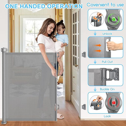 55 Inch Retractable Baby Gates Extra Wide, 41 Inch Reinforced Extra Tall Gate Mesh Safety Gate for Kids Pets, Retractable Dog Gate Baby Retractable Gate for Stair Hallway Doorway Indoor Outdoor, Gray