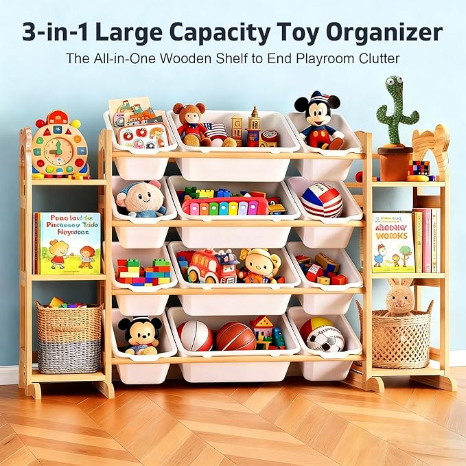 Toy Storage Organizer with 6 Shelves and 12 Bins, Toy Organizers and Storage Shelf with Bookshelf and Bookcase, Toys Box for Kids Room & Playroom & Bedroom & Nursery