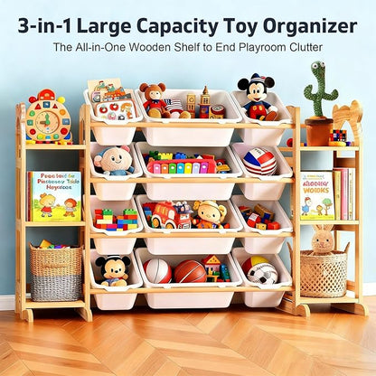 Toy Storage Organizer with 6 Shelves and 12 Bins, Toy Organizers and Storage Shelf with Bookshelf and Bookcase, Toys Box for Kids Room & Playroom & Bedroom & Nursery