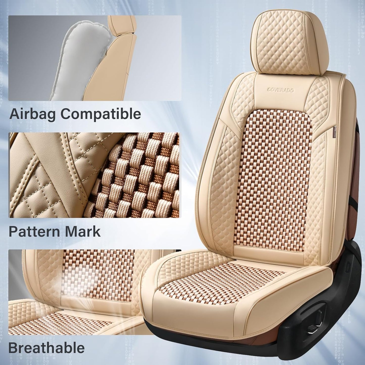 Coverado Leather Seat Covers for Car, Waterproof Car Seat Covers Full Set, 2 in 1 Conversions Car Seat Cover Protector Car Accessories Universal Fit for Most Cars SUVs and Trucks Beige