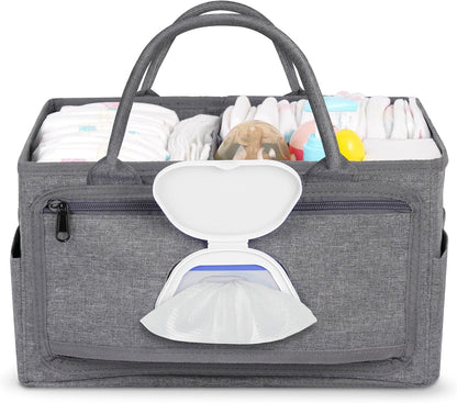 Volnamal Diaper Caddy with Wipe Dispenser One-Handed Access, Premium Diaper Organizer, Portable Car Organizer Nursery Basket for Newborn Essentials, Baby Registry Must Haves for Boys & Girls,Grey