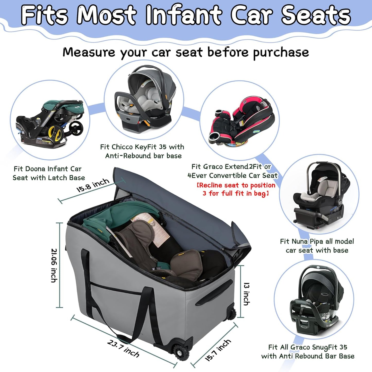 SCTEL Infant Car Seat Travel Bag Fit Doona Car Seat Stroller and Base, Chicco Keyfit 35 and Base, Doona Travel Bag with Wheels, Padded Car Seat Bags for Air Travel, Nuna Travel Bag with Zipper Pocket