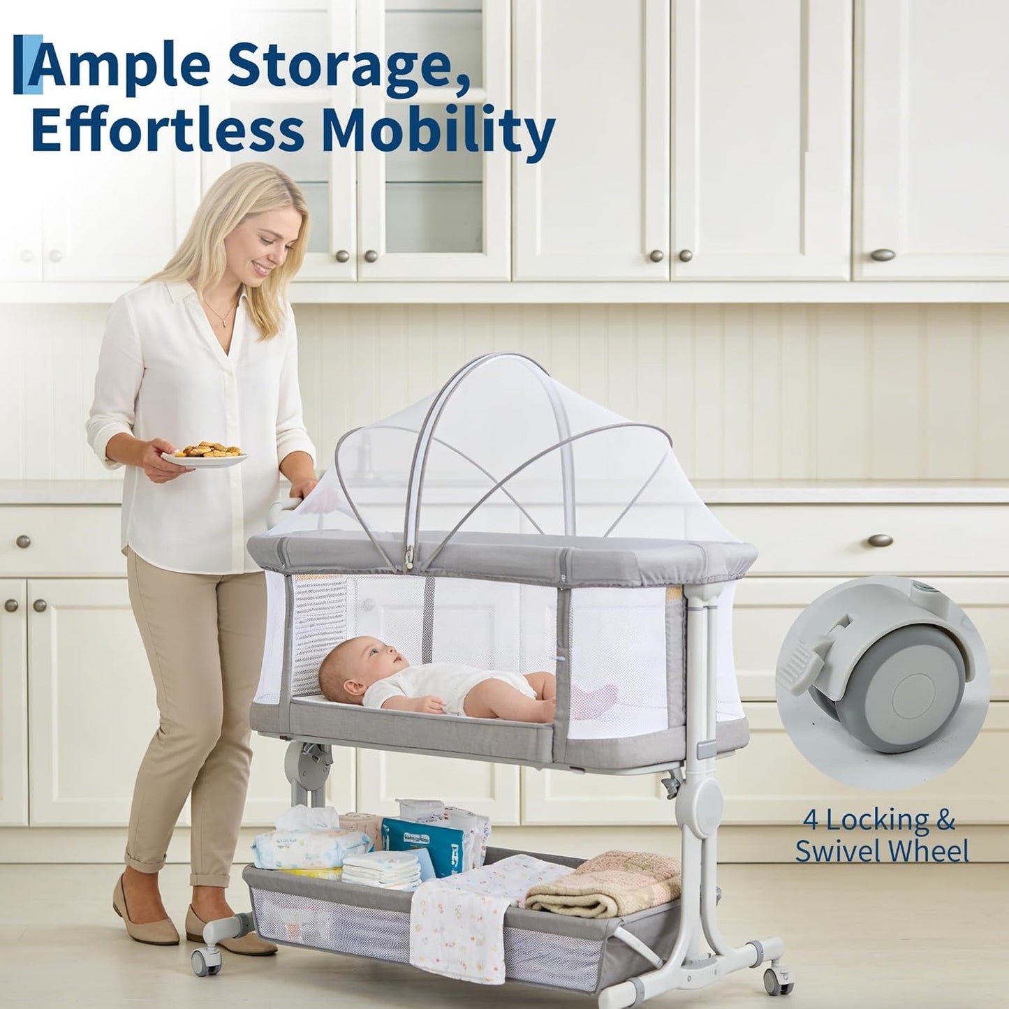 Baby Bassinet, 3-in-1 Portable Bedside Sleeper for Newborn All Mesh Sides Breathable with 6 Height Adjustments, 1-7° Anti-Reflux Incline, Detachable Mosquito Net, Storage Basket & 360° Lockable Wheels