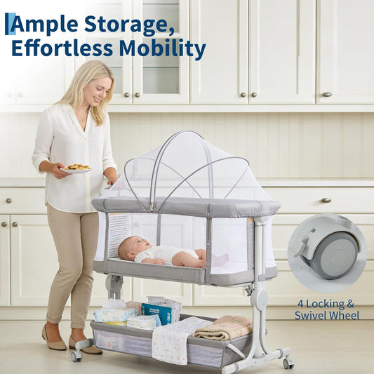Baby Bassinet, 3-in-1 Portable Bedside Sleeper for Newborn All Mesh Sides Breathable with 6 Height Adjustments, 1-7° Anti-Reflux Incline, Detachable Mosquito Net, Storage Basket & 360° Lockable Wheels