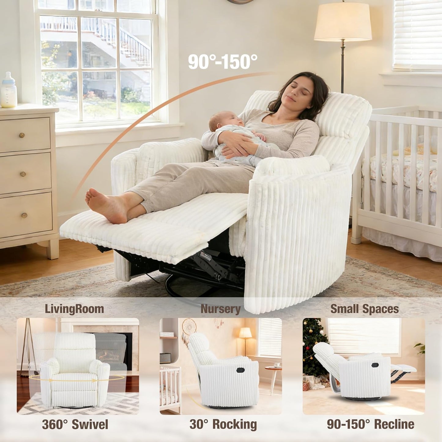 Swivel Rocking Chair for Adults, Oversized Rocker Recliner，Nursery Glider Chair with 2 Pillows, Manual Wide Recliner Single Sofa Barrel Armchair for Living Room, Bedroom, Nursery, White