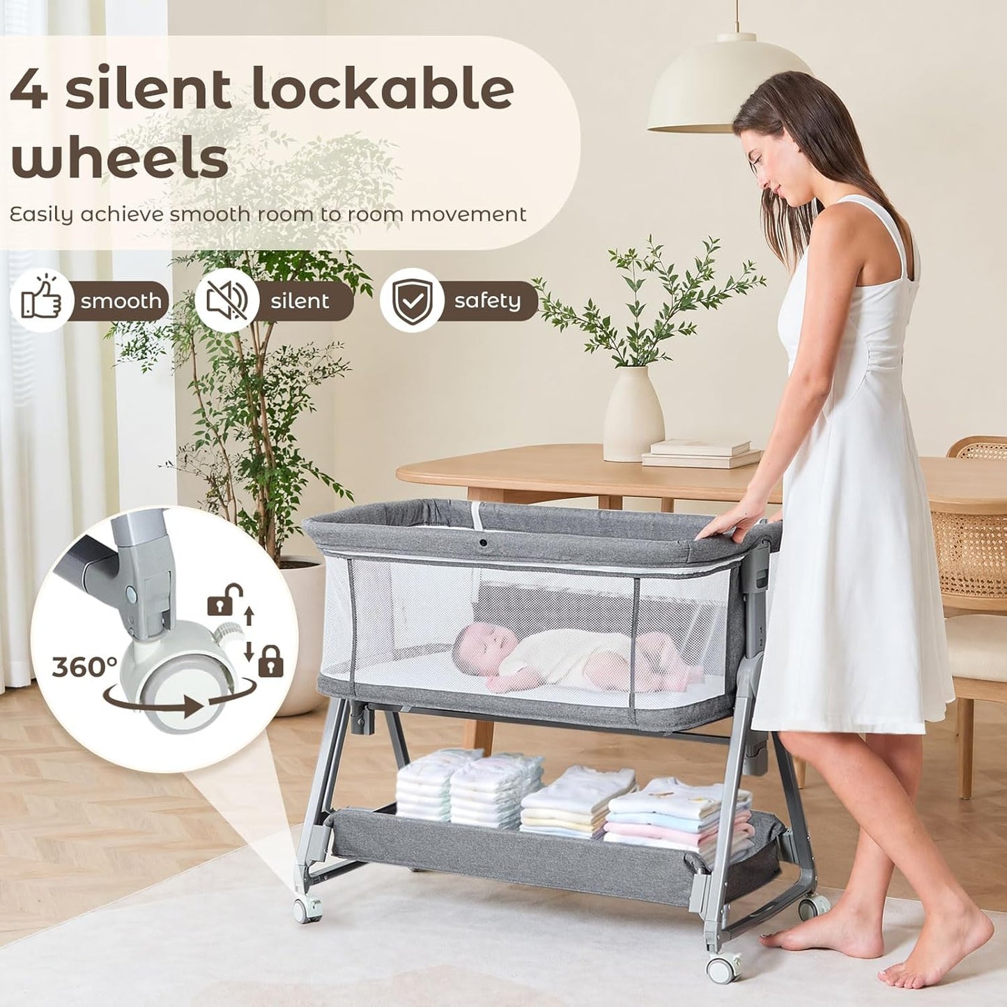 3-in-1 Baby Bassinet Bedside Sleeper with Wheels Bedside Bassinet for Newborn and Infant with Mattress and Storage Basket | Adjustable Height & Angle (13.5-18") | ASTM/CPSIA Certified (Pink)