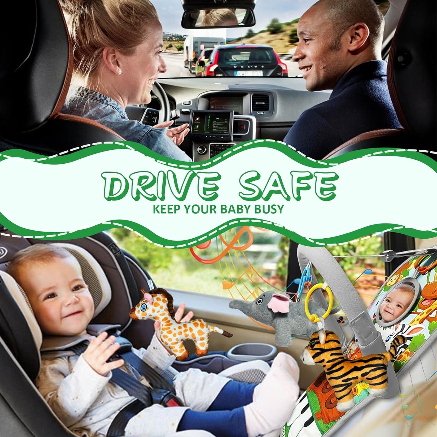 Car Seat Toys for 6-12 Months - Musical Pedal Piano with Baby Mirror, Squeaky Sensory Soft Animal Toys for Rear Facing Carseats