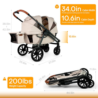 Wagon Stroller for 2 Kids, All-Terrain with Removable UV-Protection Canopy , Adjustable Push/Pull Handle, Snack Tray & Cup Holders, Perfect for Baby and Toddler（Black)