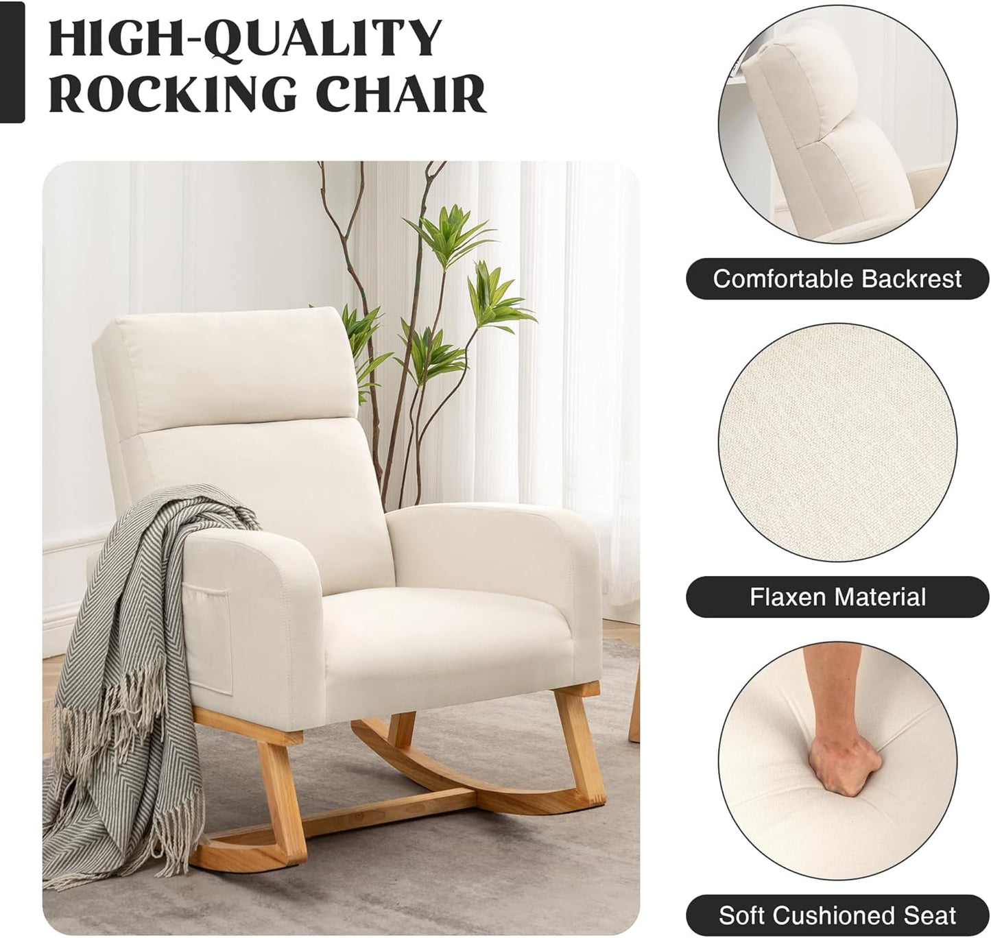 HCHAIRH Rocking Chair Nursery, Upholstered Fabricr Nursing Rocking Chairs with Soft High Back, Modern Nursery Glider Rocker for Mom Living Room, Bedroom, Camel