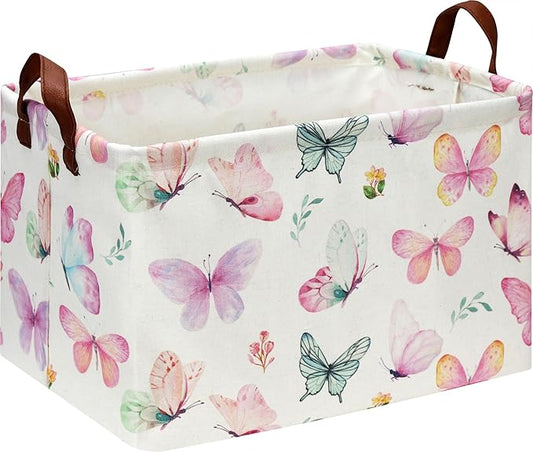 Rectangle Pink Butterfly Storage Basket with Handles, Collapsible Storage Bin, Books Box, Gift Basket(Pink Butterfly)