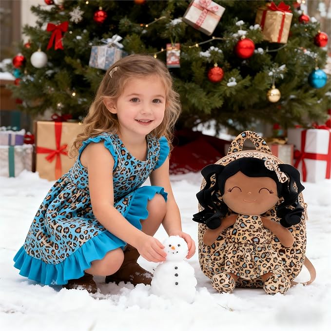 Gloveleya Toddler Backpack Baby Girl Gifts Curly Hair Plush Figures Dress Backpack Kids Backpack Curly Hair Spring Girl - Black Leopard 9inches