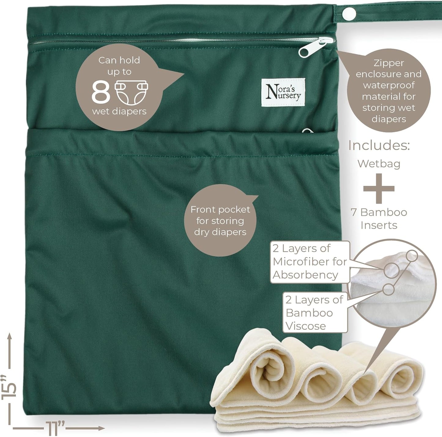 Nora's Nursery Cloth Diapers 7 Pack with 7 Inserts & 1 Wet Bag - Waterproof Cover, Washable, Reusable & One Size Adjustable Pocket Diapers for Newborns and Toddlers - Delilah