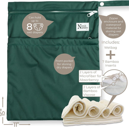 Nora's Nursery Cloth Diapers 7 Pack with 7 Inserts & 1 Wet Bag - Waterproof Cover, Washable, Reusable & One Size Adjustable Pocket Diapers for Newborns and Toddlers - Delilah