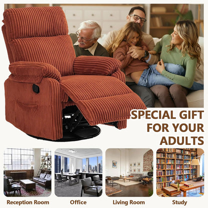 Manual Small Recliner Rocking Chair for Nursery/Relaxation, Corduroy Swivel Glider Recliner for Living Room Bedroom, Brown Rocking Chair Nursery Recliners for Small Spaces, Side Pockets (Brown)