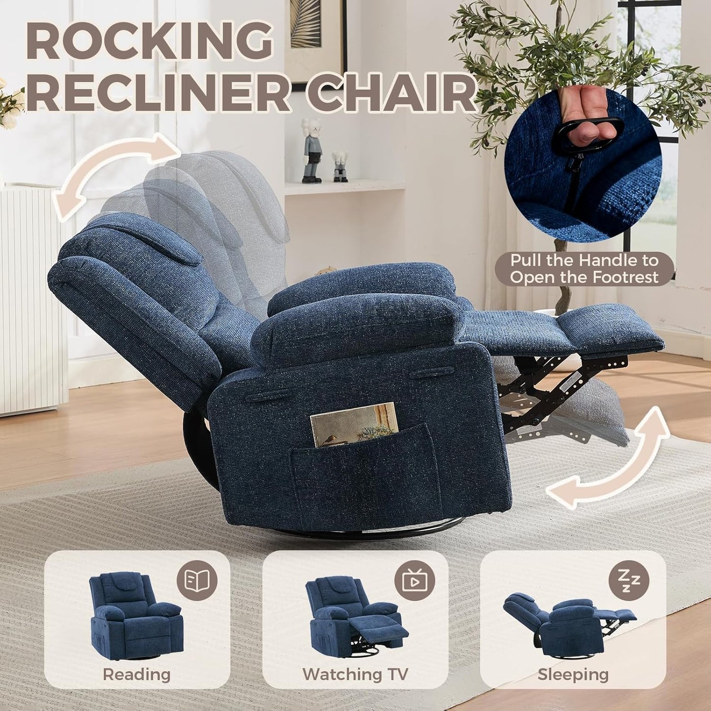 Adults Oversized Rocking Nursery Glider Recliner Chair,360° Swivel Rock Recliner Chairs Single Sofa with Vibration Massage and Heating for Living Room/Bedroom,Blue