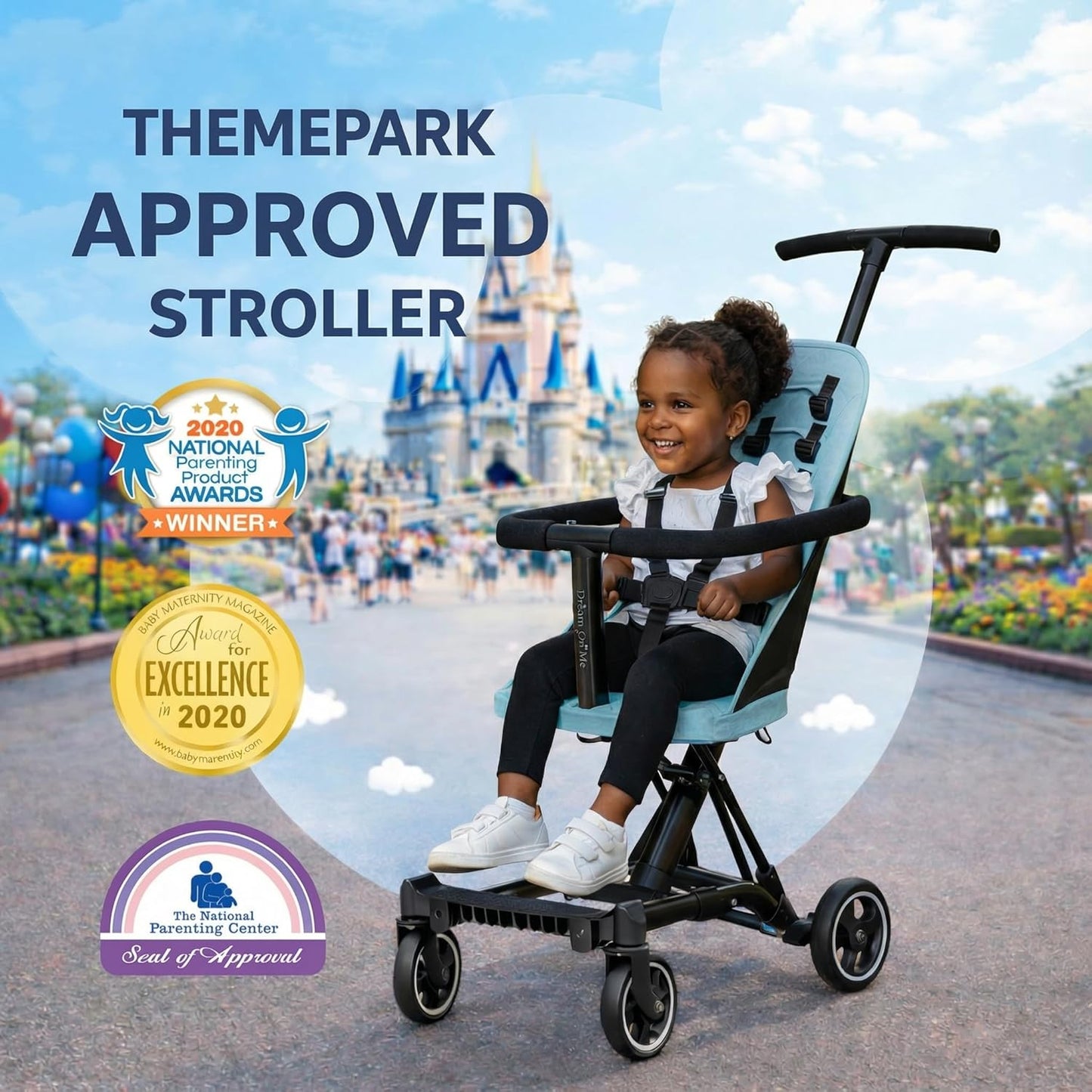 Dream On Me Coast Rider Travel Stroller, Lightweight & Compact Baby Stroller, Theme Park Approved, Book-Folding Design, Adjustable Handle, Soft-Ride Wheels, Converts to Rider & Scooter - Pink